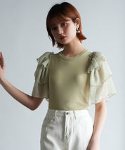 シフォンスリーブ×ニットのドッキングプルオーバーsdpxyf6137 グリーン