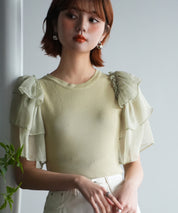 シフォンスリーブ×ニットのドッキングプルオーバーsdpxyf6137 グリーン