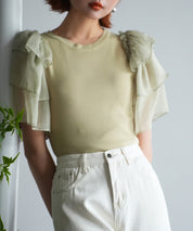 シフォンスリーブ×ニットのドッキングプルオーバーsdpxyf6137 グリーン