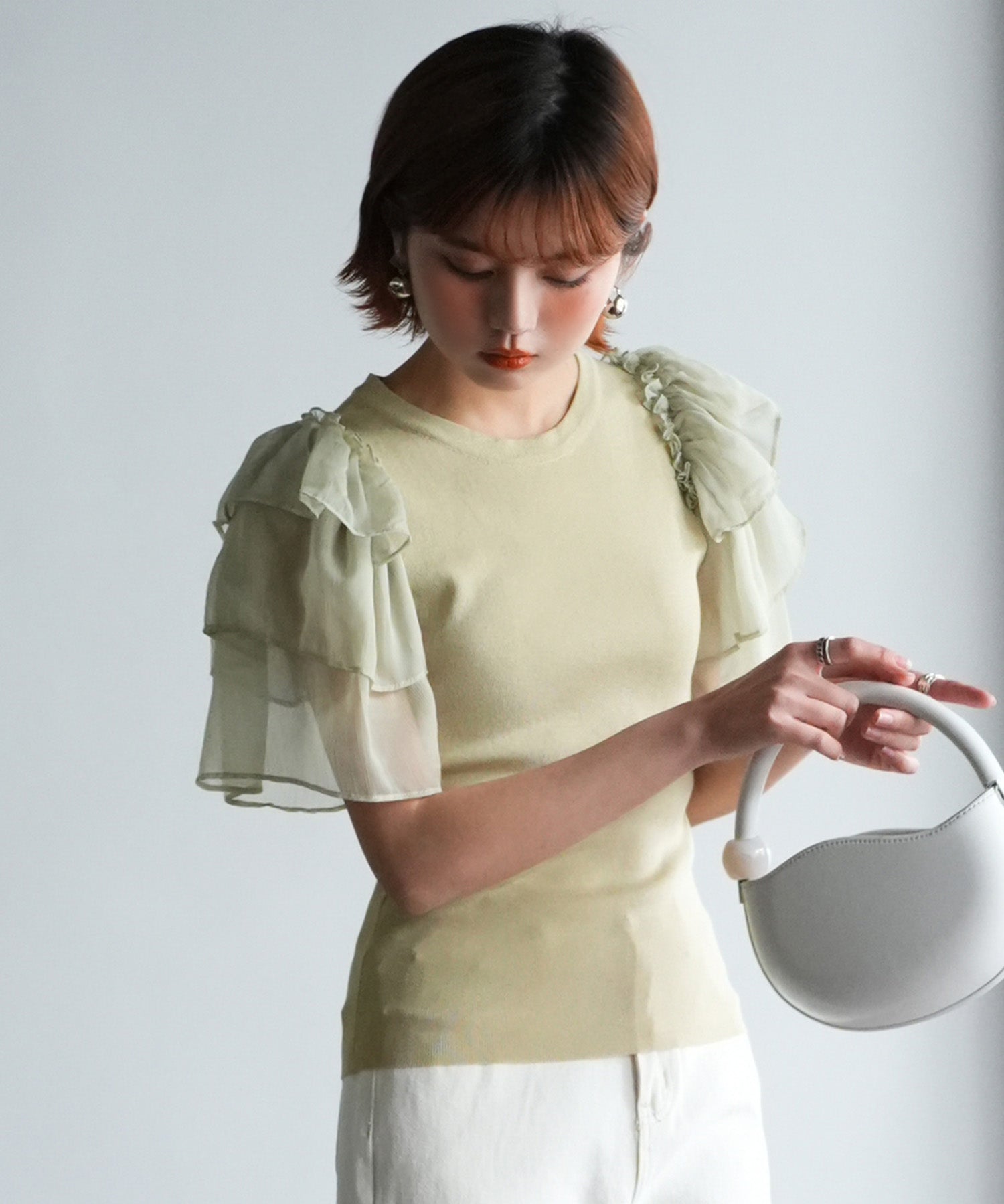 シフォンスリーブ×ニットのドッキングプルオーバーsdpxyf6137 グリーン