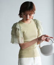 シフォンスリーブ×ニットのドッキングプルオーバーsdpxyf6137 グリーン