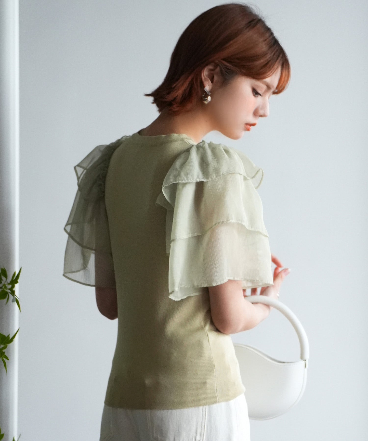 シフォンスリーブ×ニットのドッキングプルオーバーsdpxyf6137 グリーン