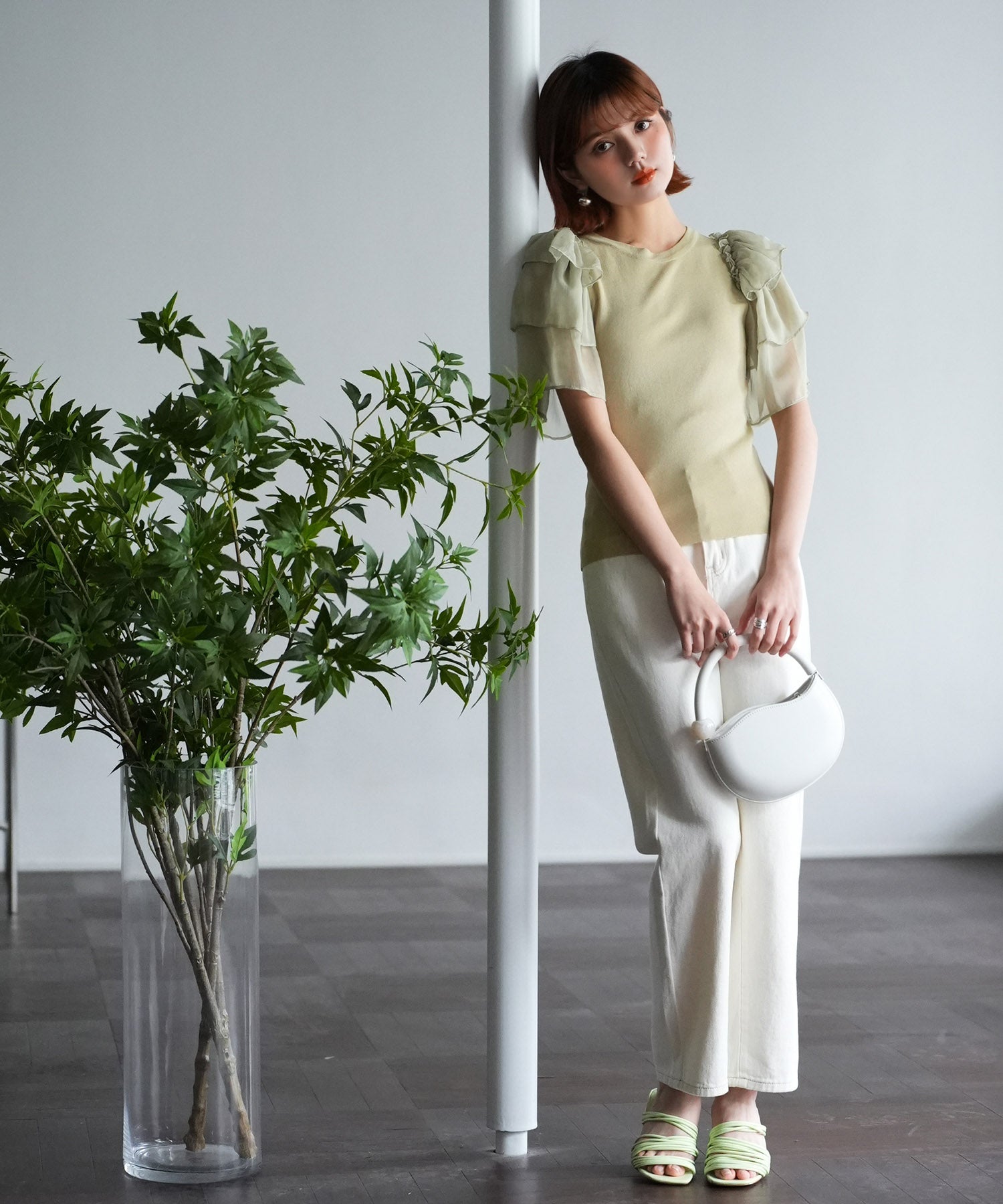 シフォンスリーブ×ニットのドッキングプルオーバーsdpxyf6137 グリーン