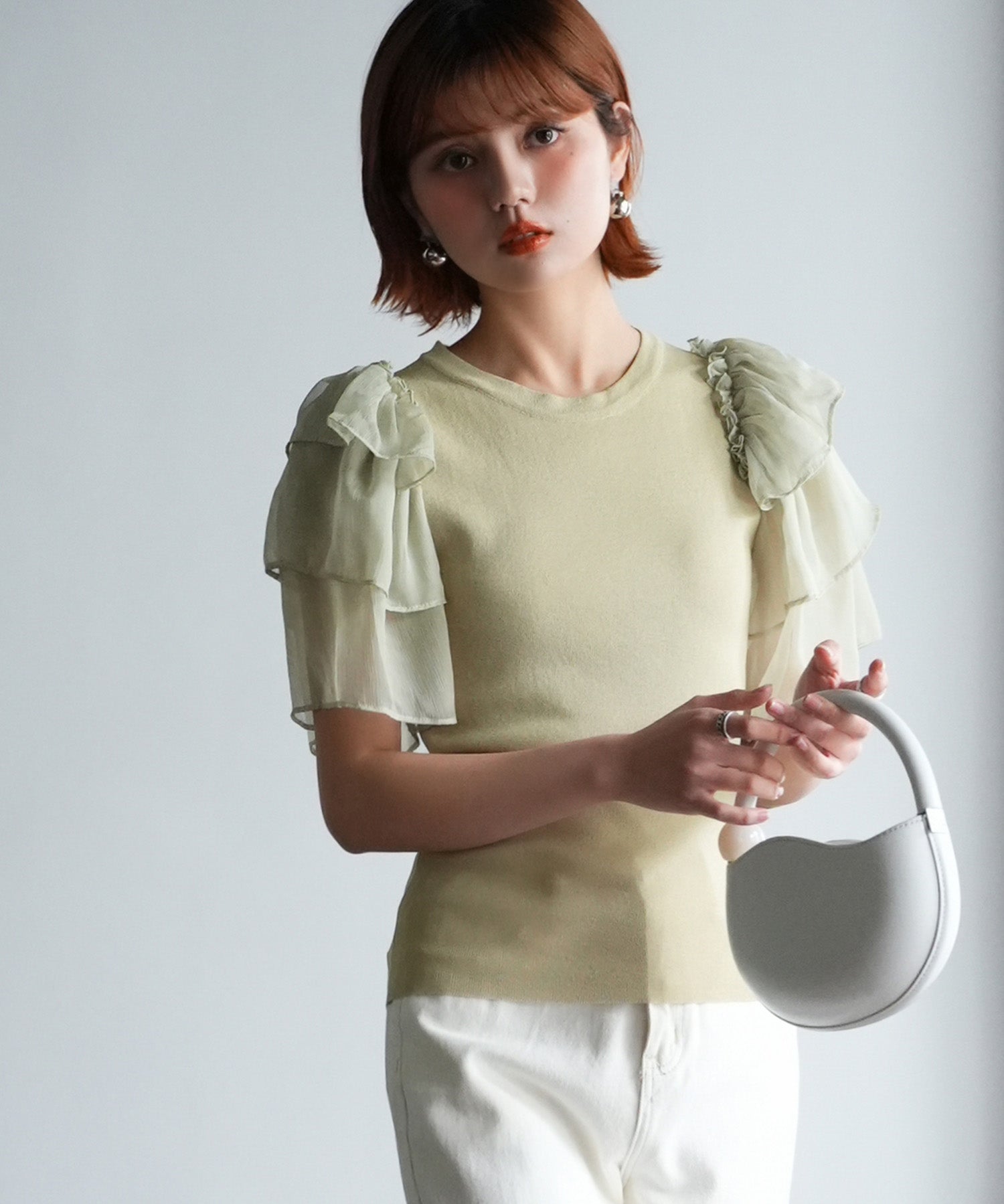 シフォンスリーブ×ニットのドッキングプルオーバーsdpxyf6137 グリーン