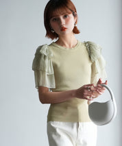 シフォンスリーブ×ニットのドッキングプルオーバーsdpxyf6137 グリーン