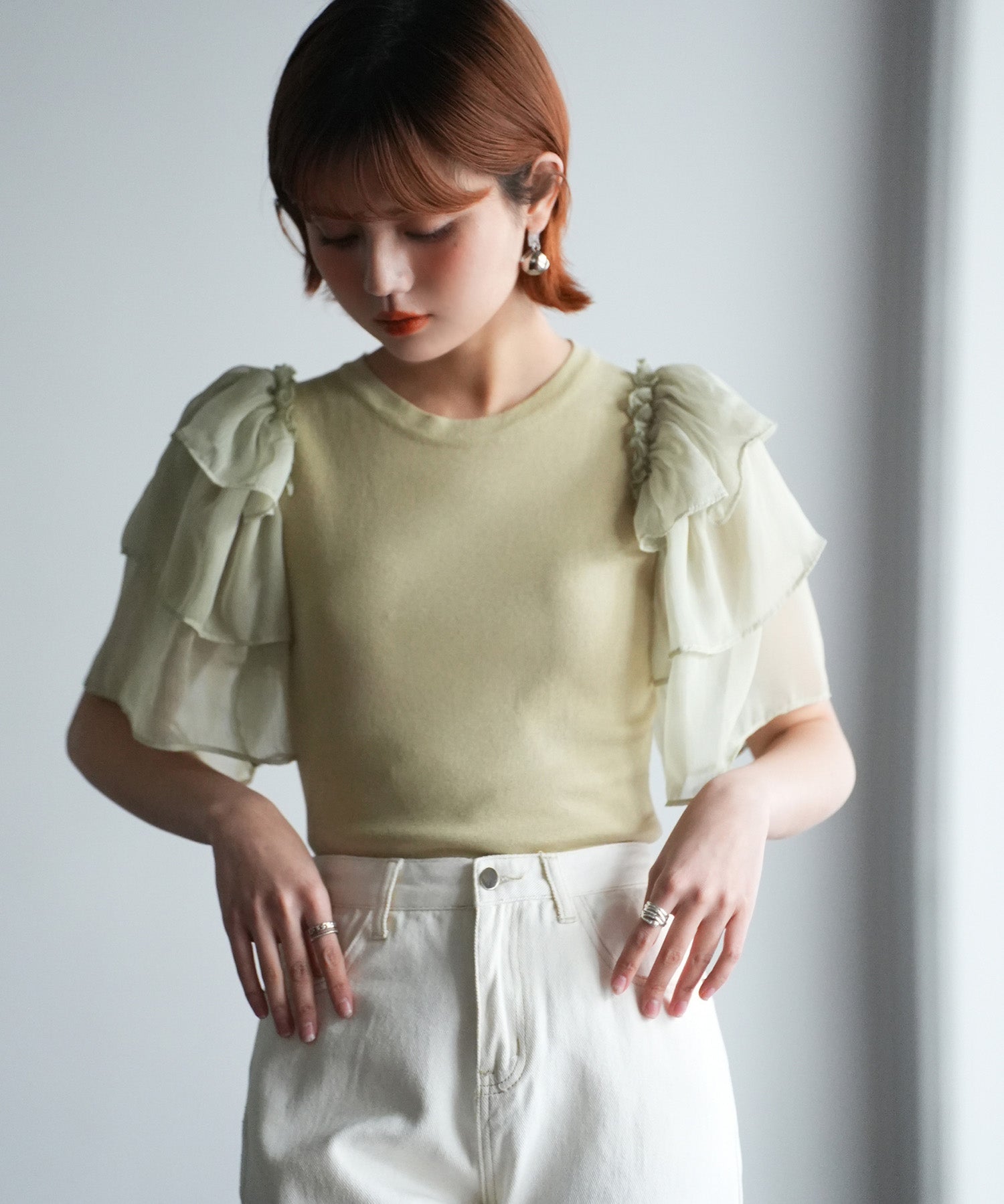 シフォンスリーブ×ニットのドッキングプルオーバーsdpxyf6137 グリーン