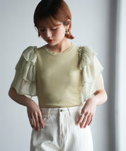 シフォンスリーブ×ニットのドッキングプルオーバーsdpxyf6137 グリーン