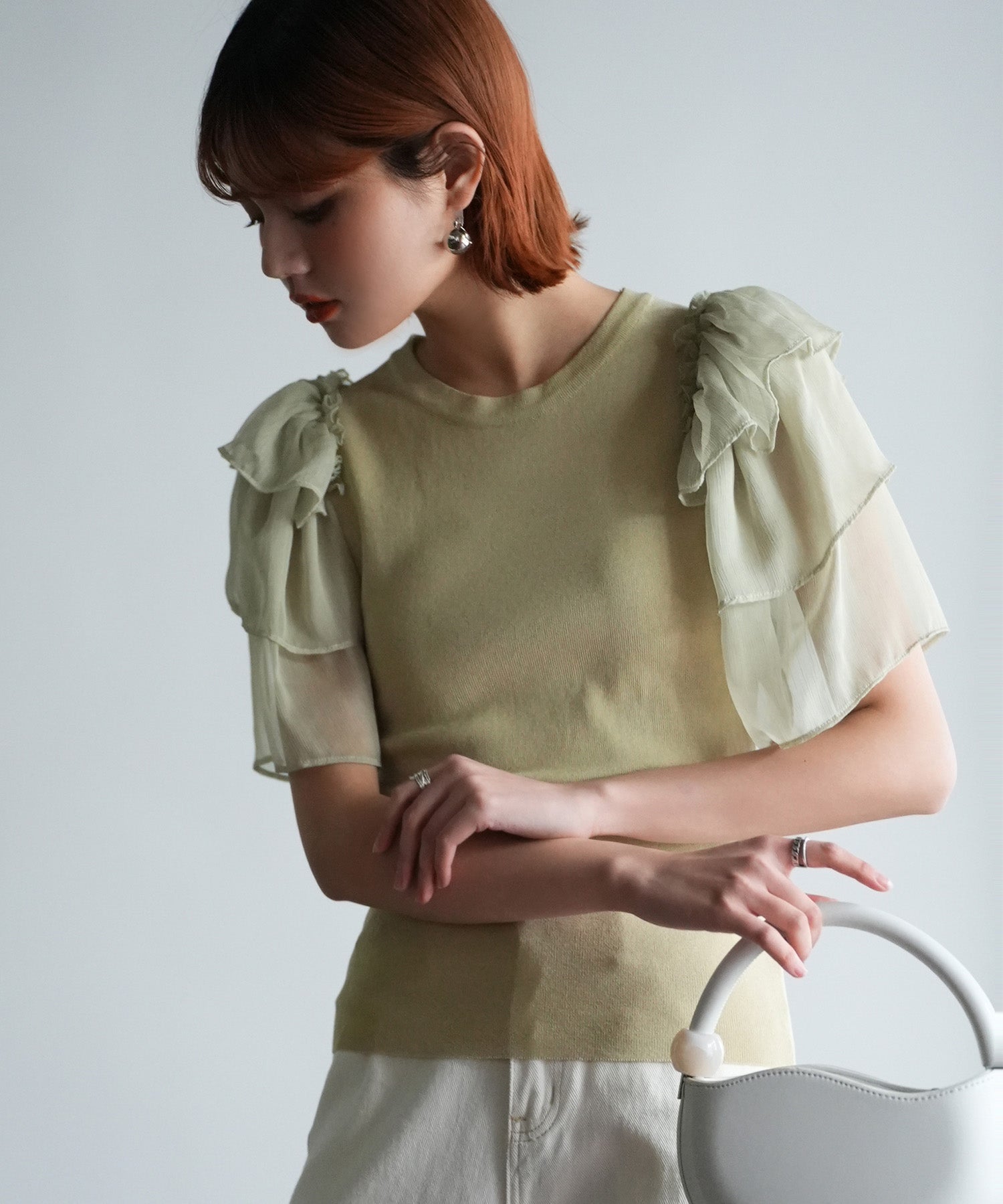 シフォンスリーブ×ニットのドッキングプルオーバーsdpxyf6137 グリーン