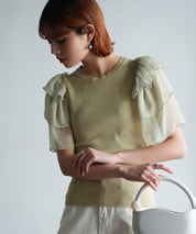 シフォンスリーブ×ニットのドッキングプルオーバーsdpxyf6137 グリーン