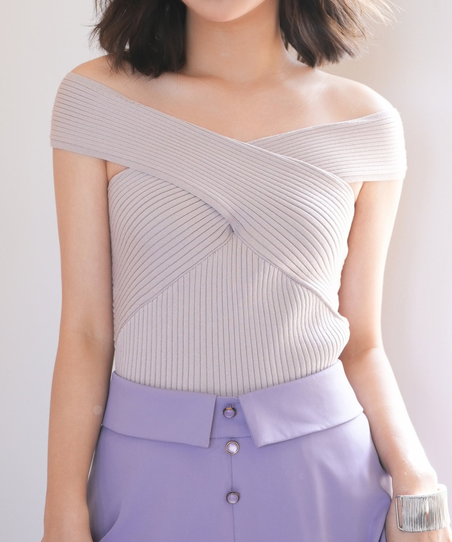 リブ編み3way サマーニットトップスsdpxyf6158 ピンクベージュ