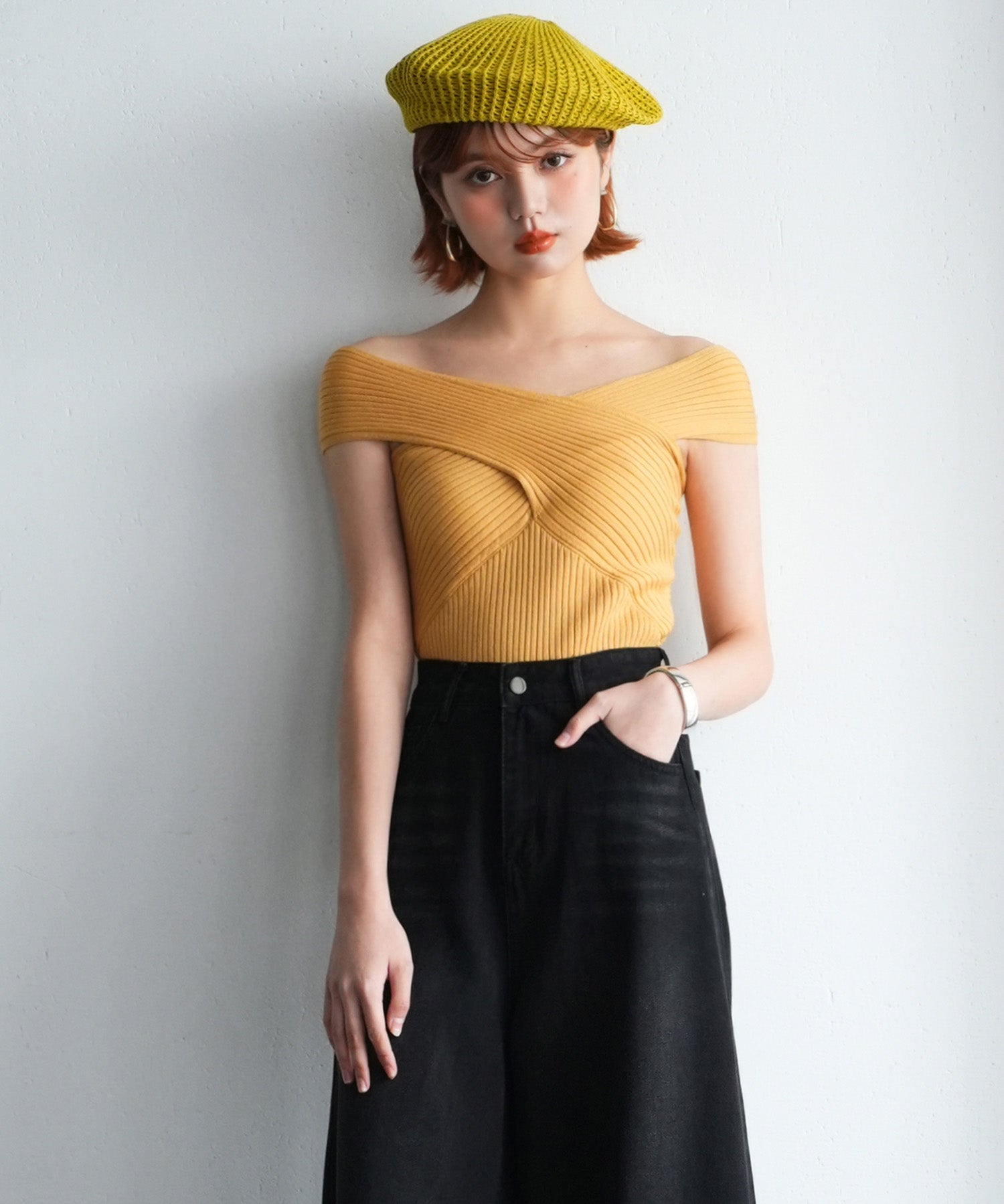 リブ編み3way サマーニットトップスsdpxyf6158 マスタード