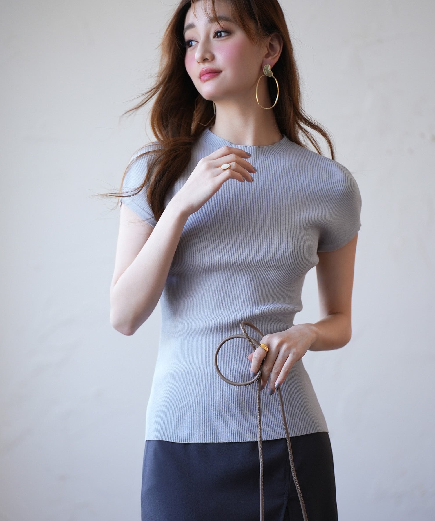 フレンチスリーブリブ編みサマーニットsdpxyf6159 グレー