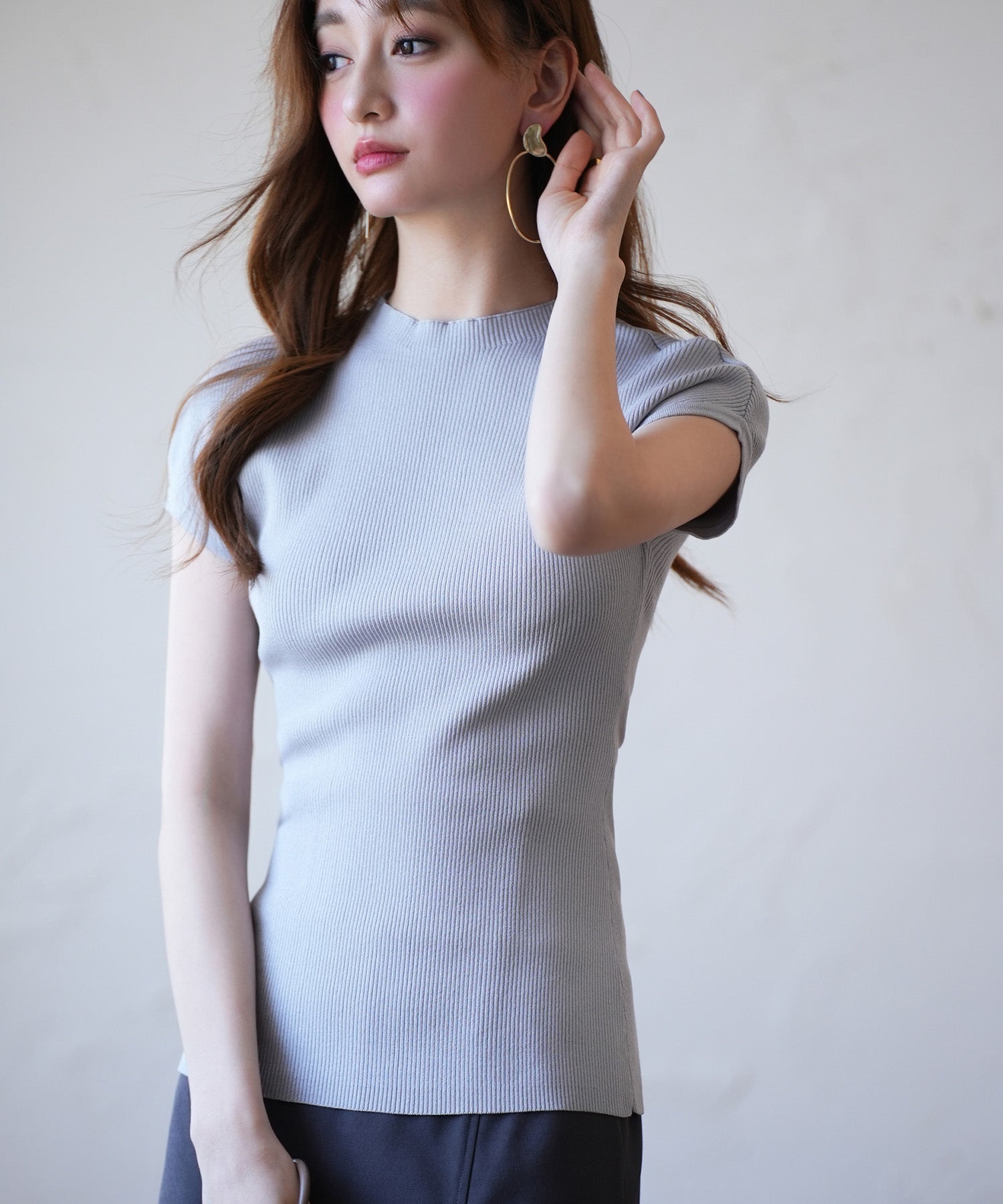 フレンチスリーブリブ編みサマーニットsdpxyf6159 グレー