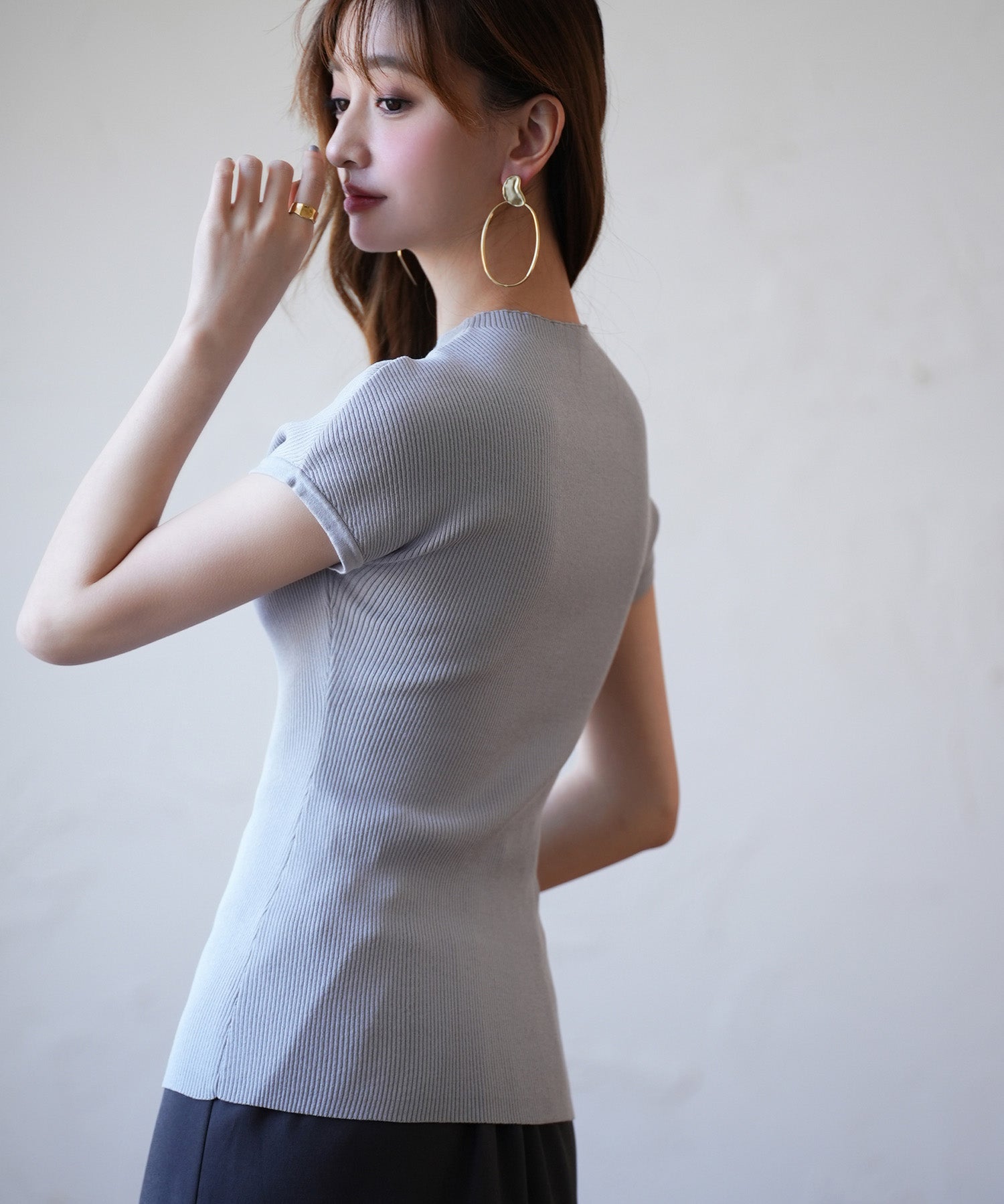 フレンチスリーブリブ編みサマーニットsdpxyf6159 グレー