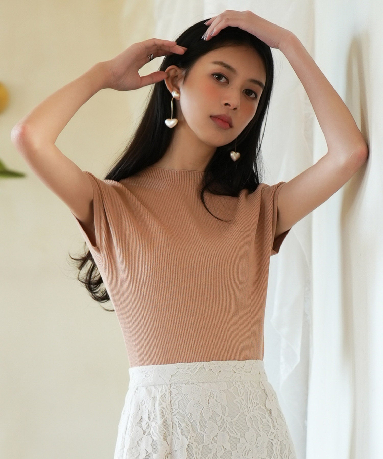 フレンチスリーブリブ編みサマーニットsdpxyf6159 ライトブラウン