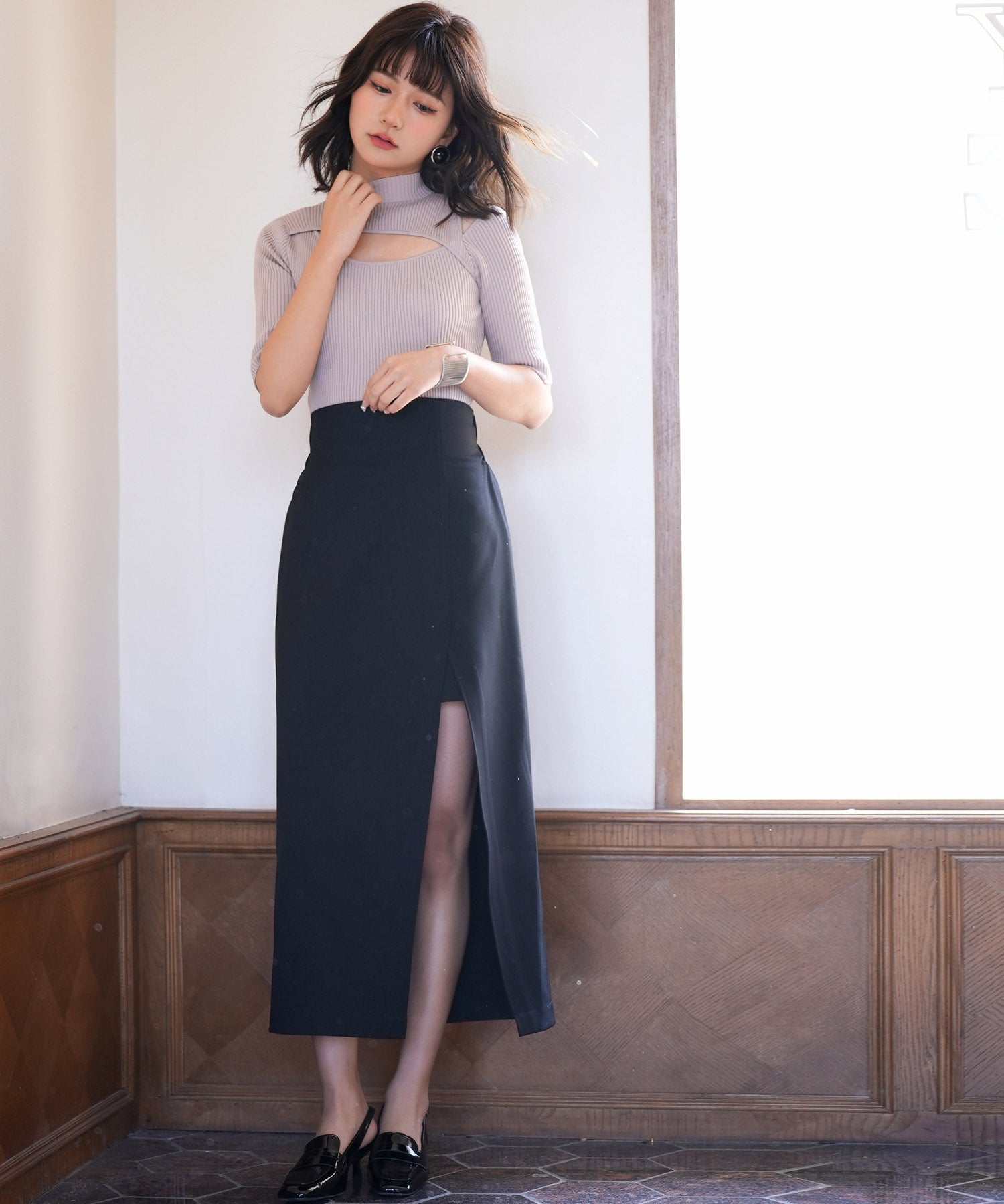 カットアウトプチハイネックリブニットプルオーバーsdpxyf6165 ピンクベージュ