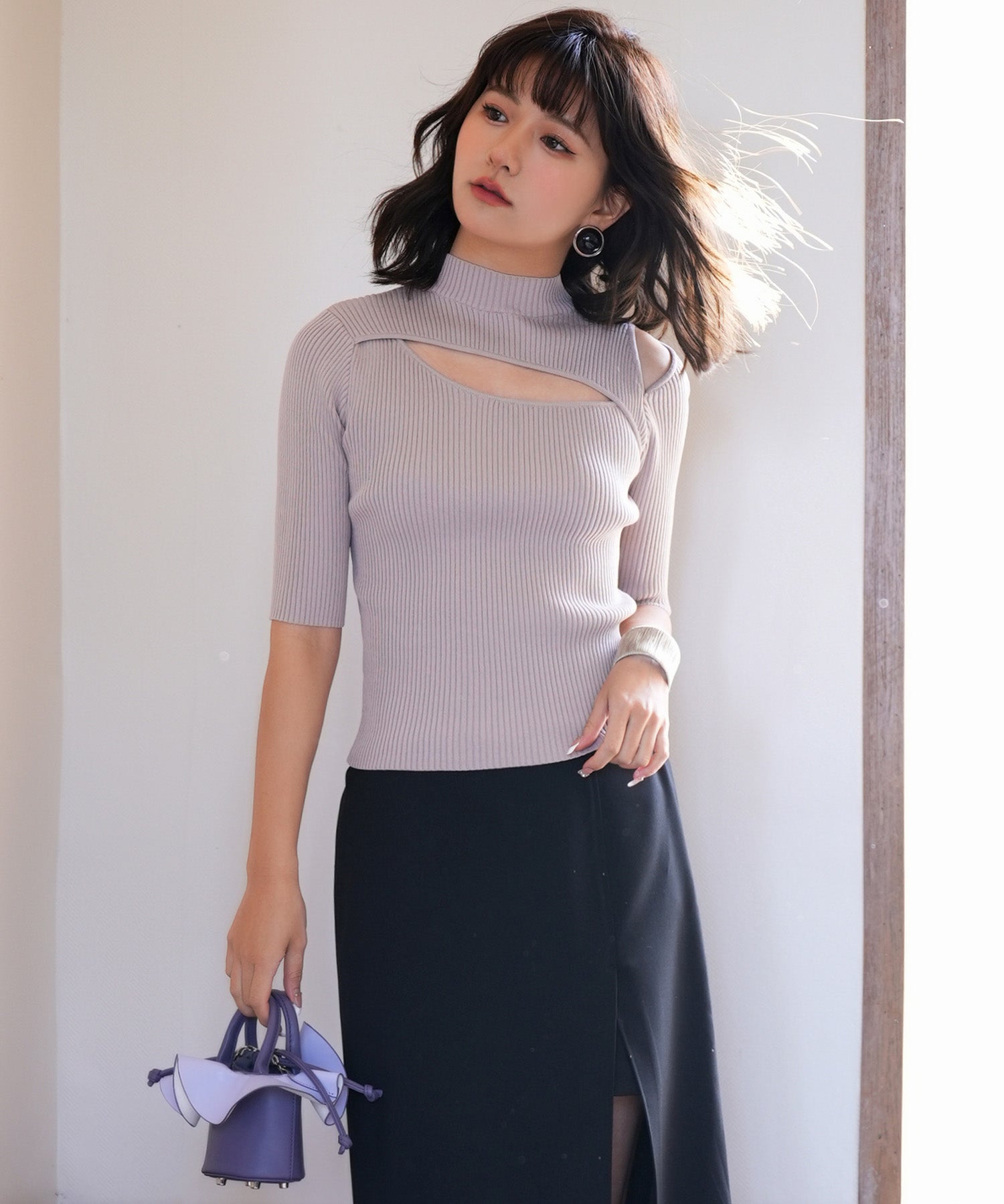 カットアウトプチハイネックリブニットプルオーバーsdpxyf6165 ピンクベージュ