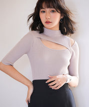 カットアウトプチハイネックリブニットプルオーバーsdpxyf6165 ピンクベージュ