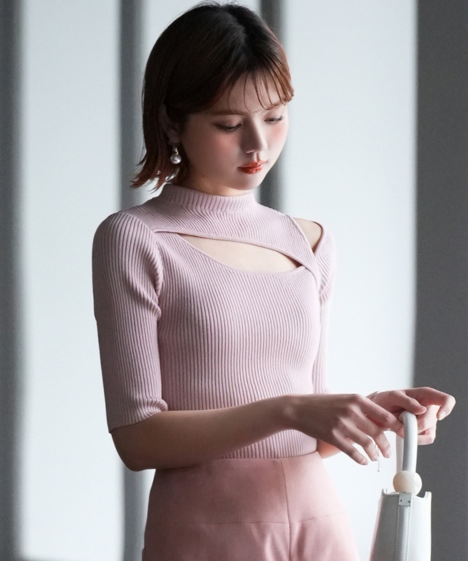 カットアウトプチハイネックリブニットプルオーバーsdpxyf6165 ピンク