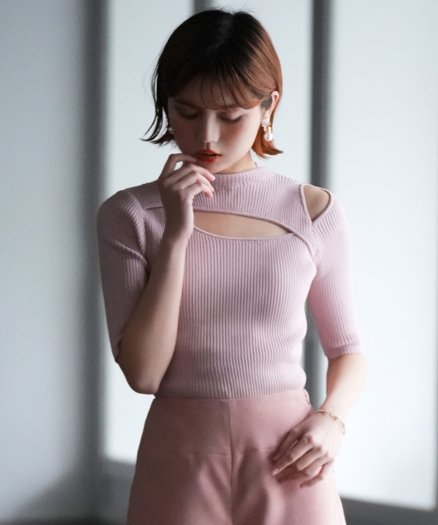 カットアウトプチハイネックリブニットプルオーバーsdpxyf6165 ピンク