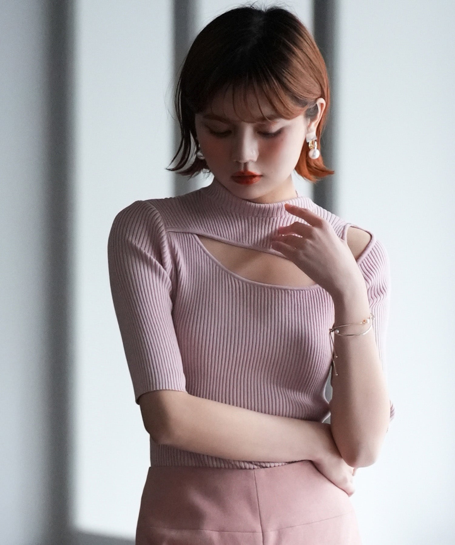 カットアウトプチハイネックリブニットプルオーバーsdpxyf6165 ピンク