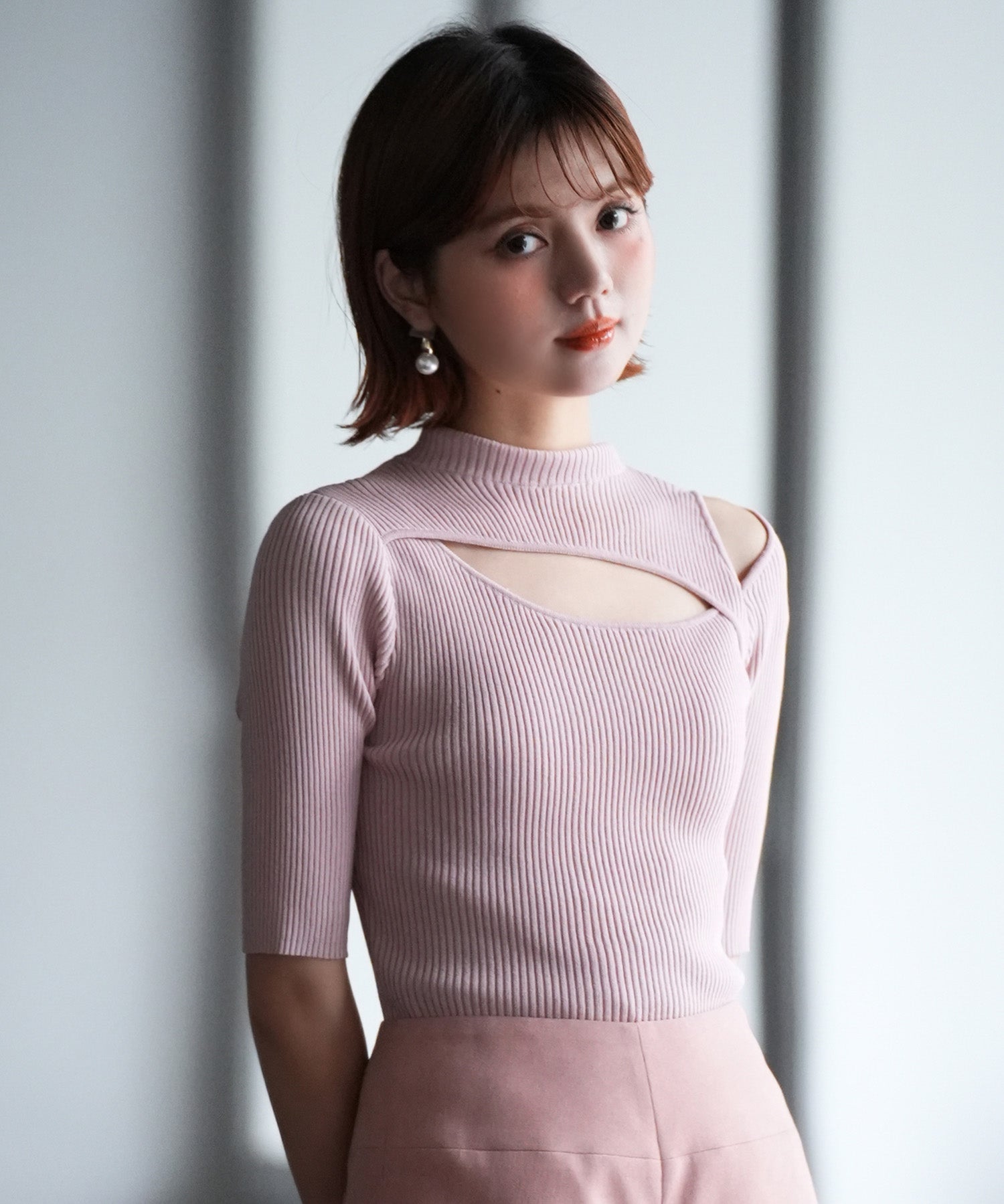 カットアウトプチハイネックリブニットプルオーバーsdpxyf6165 ピンク