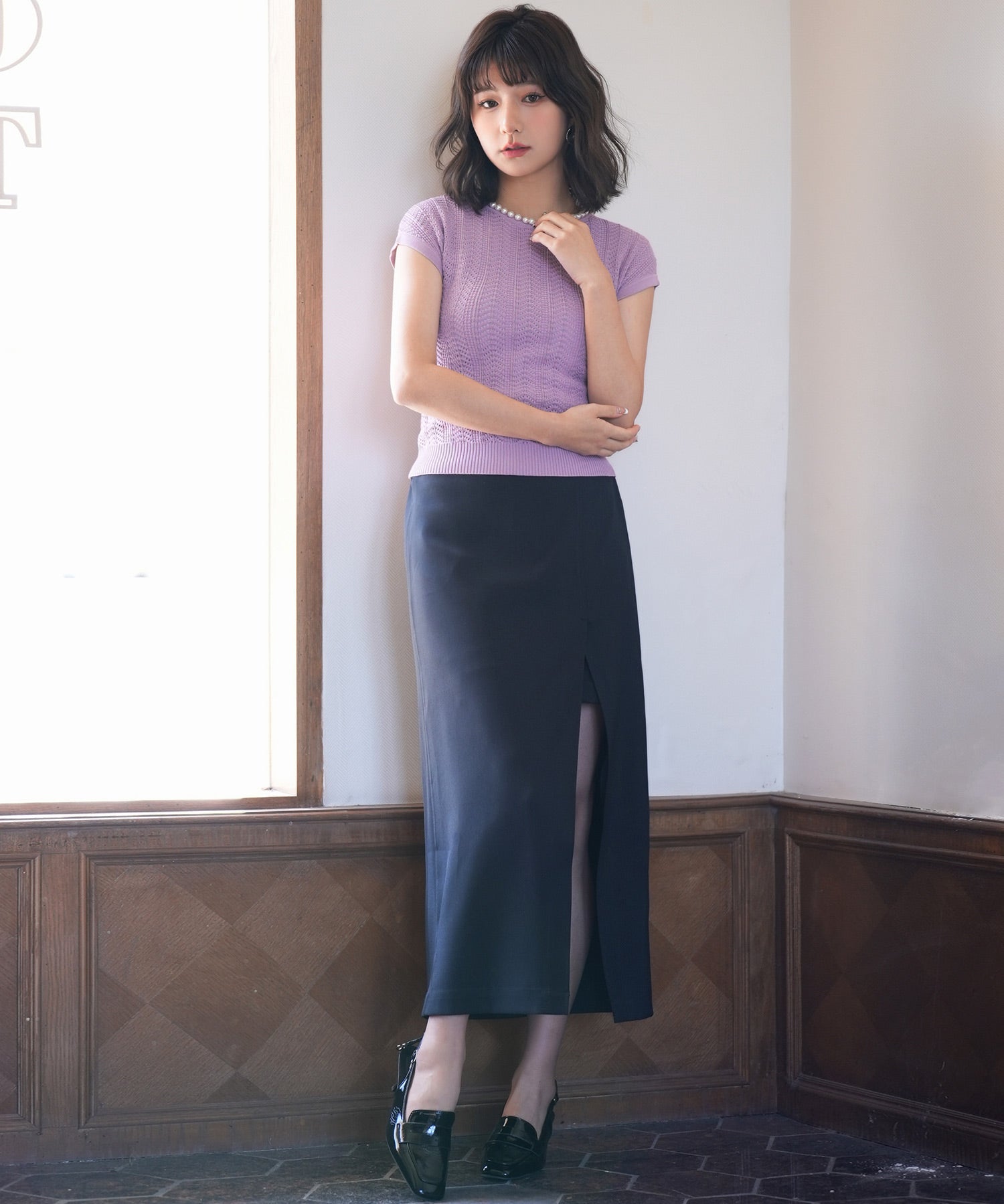 パール襟透かし変形編みサマーニットsdpxyf6171 ラベンダー