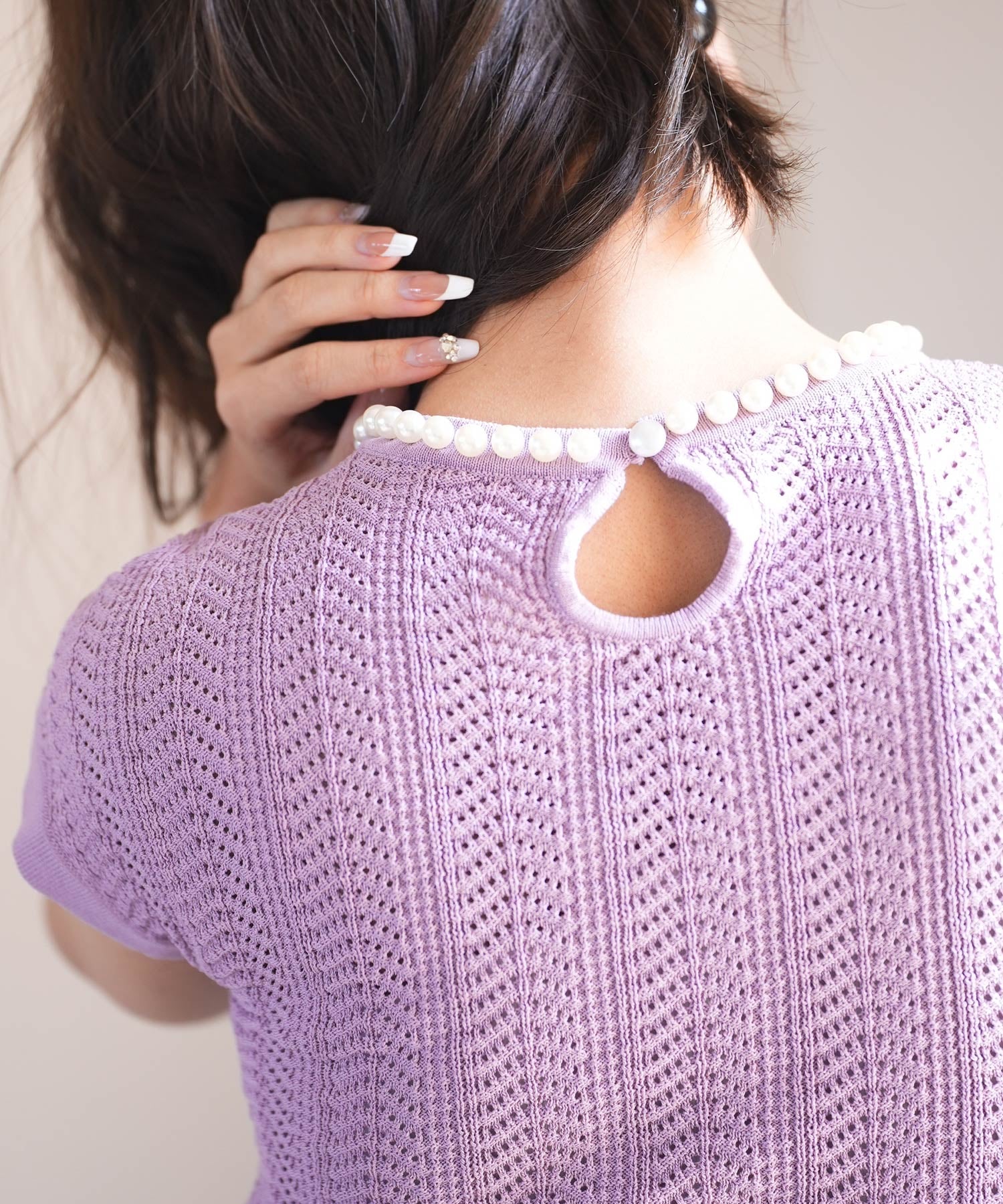 パール襟透かし変形編みサマーニットsdpxyf6171 ラベンダー