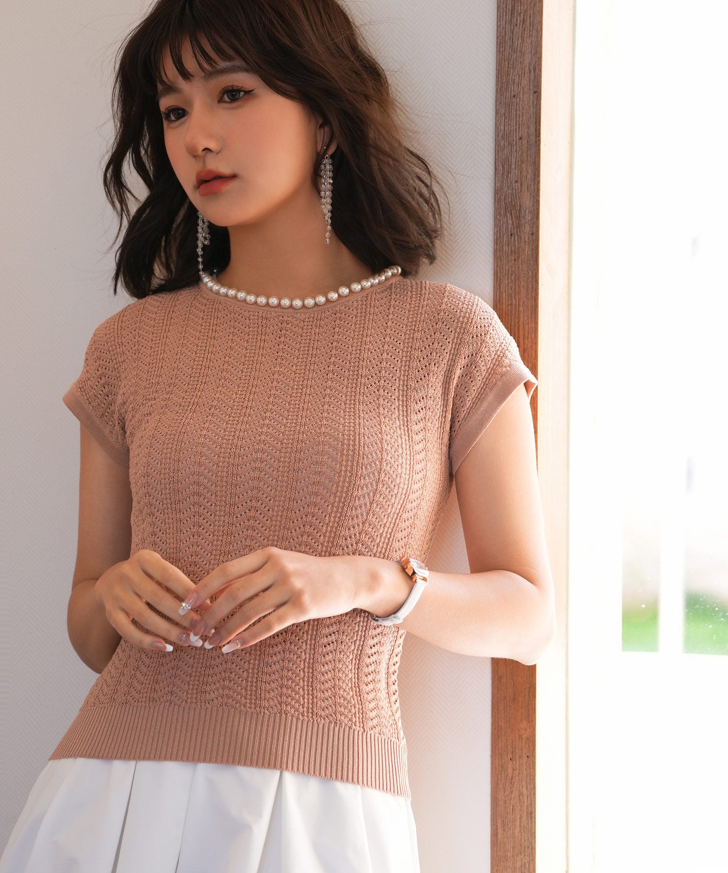 パール襟透かし変形編みサマーニットsdpxyf6171-103-45