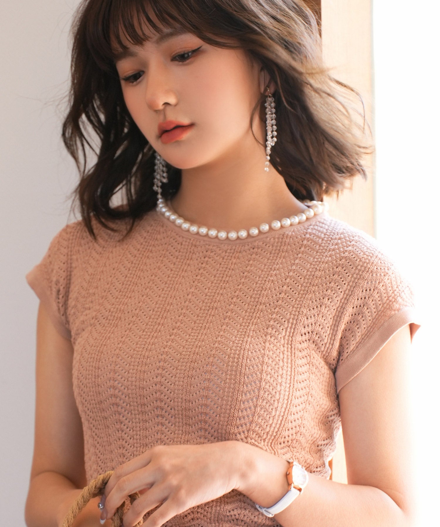 パール襟透かし変形編みサマーニットsdpxyf6171 ライトブラウン