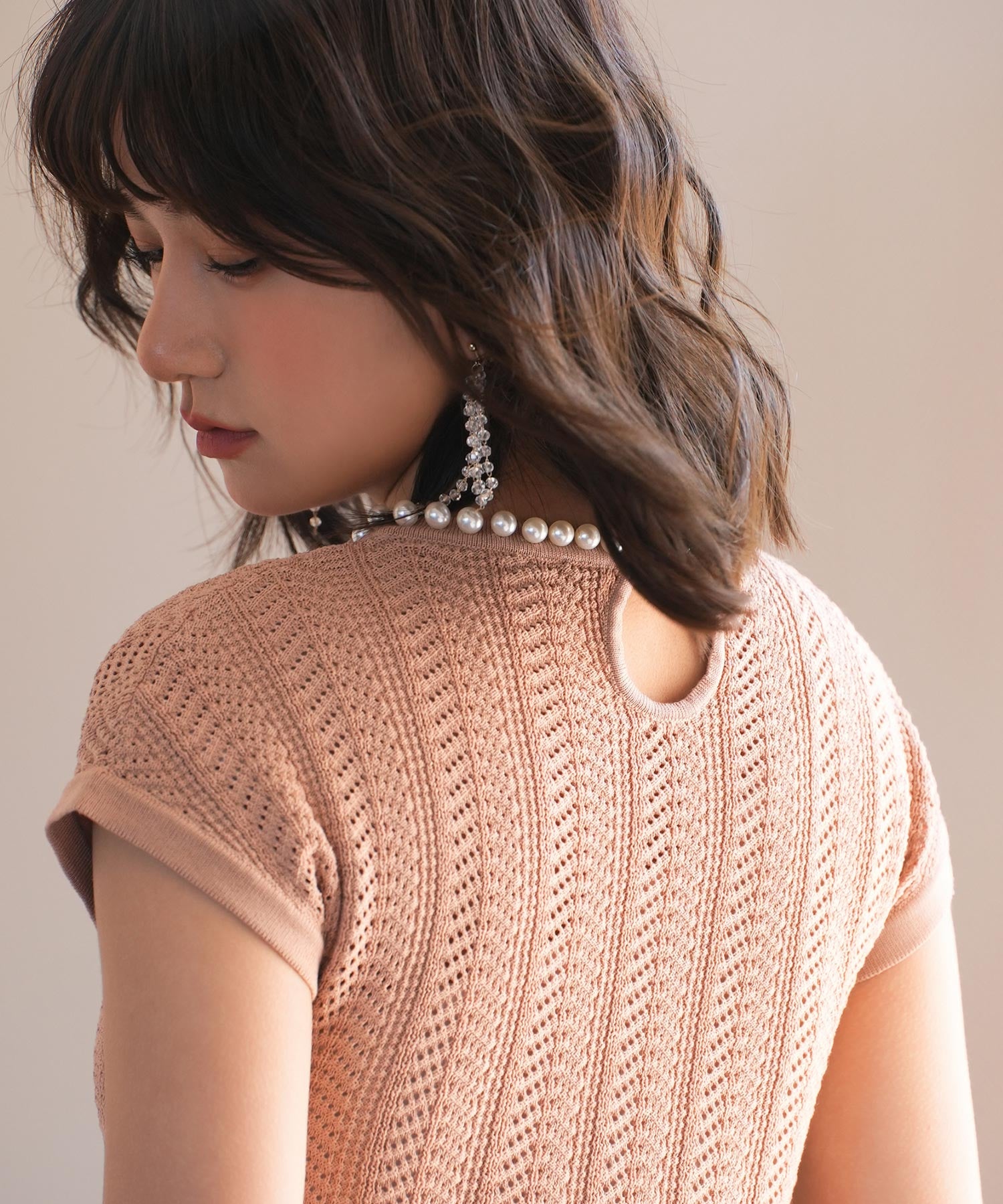 パール襟透かし変形編みサマーニットsdpxyf6171 ライトブラウン