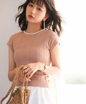 パール襟透かし変形編みサマーニットsdpxyf6171 ライトブラウン
