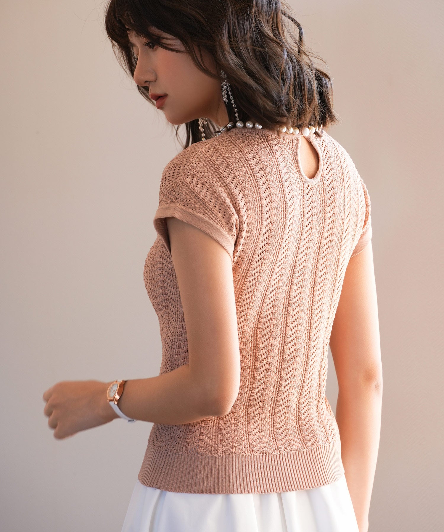 パール襟透かし変形編みサマーニットsdpxyf6171 ライトブラウン