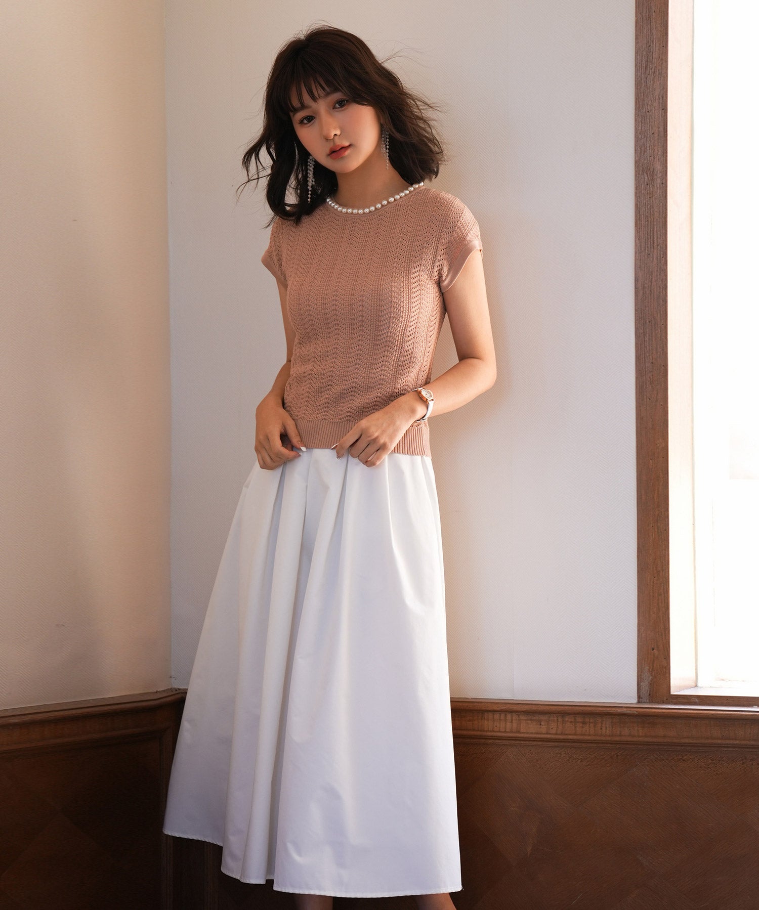 パール襟透かし変形編みサマーニットsdpxyf6171 ライトブラウン