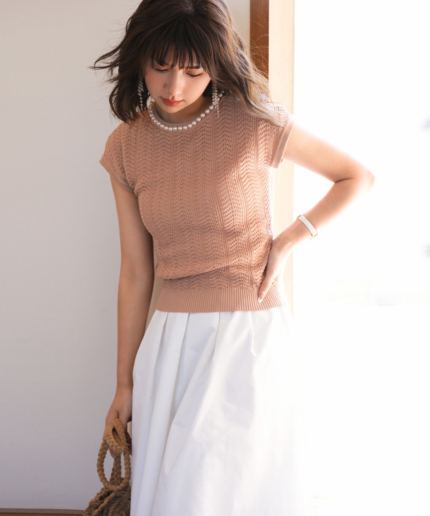 パール襟透かし変形編みサマーニットsdpxyf6171 ライトブラウン