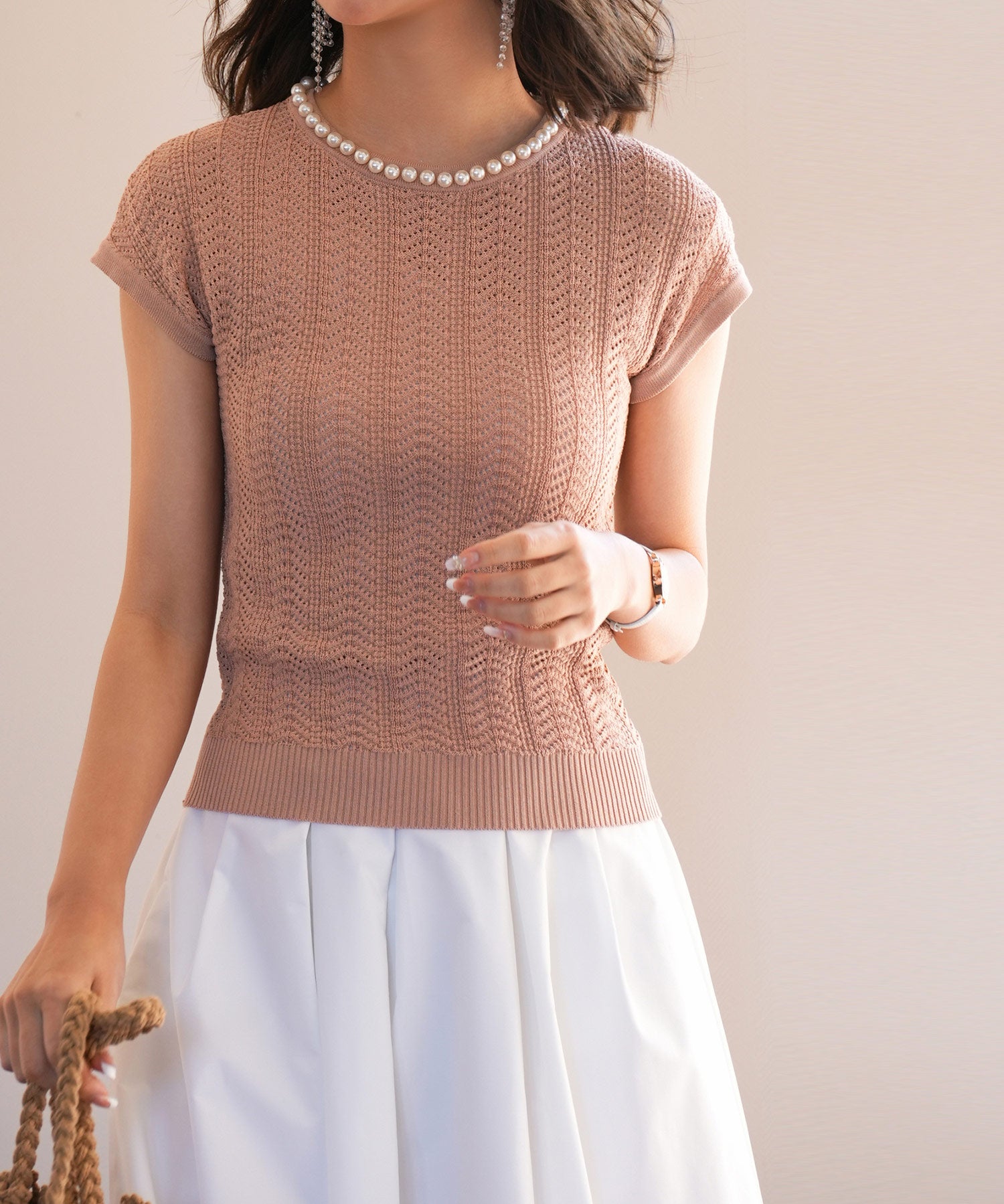 パール襟透かし変形編みサマーニットsdpxyf6171 ライトブラウン