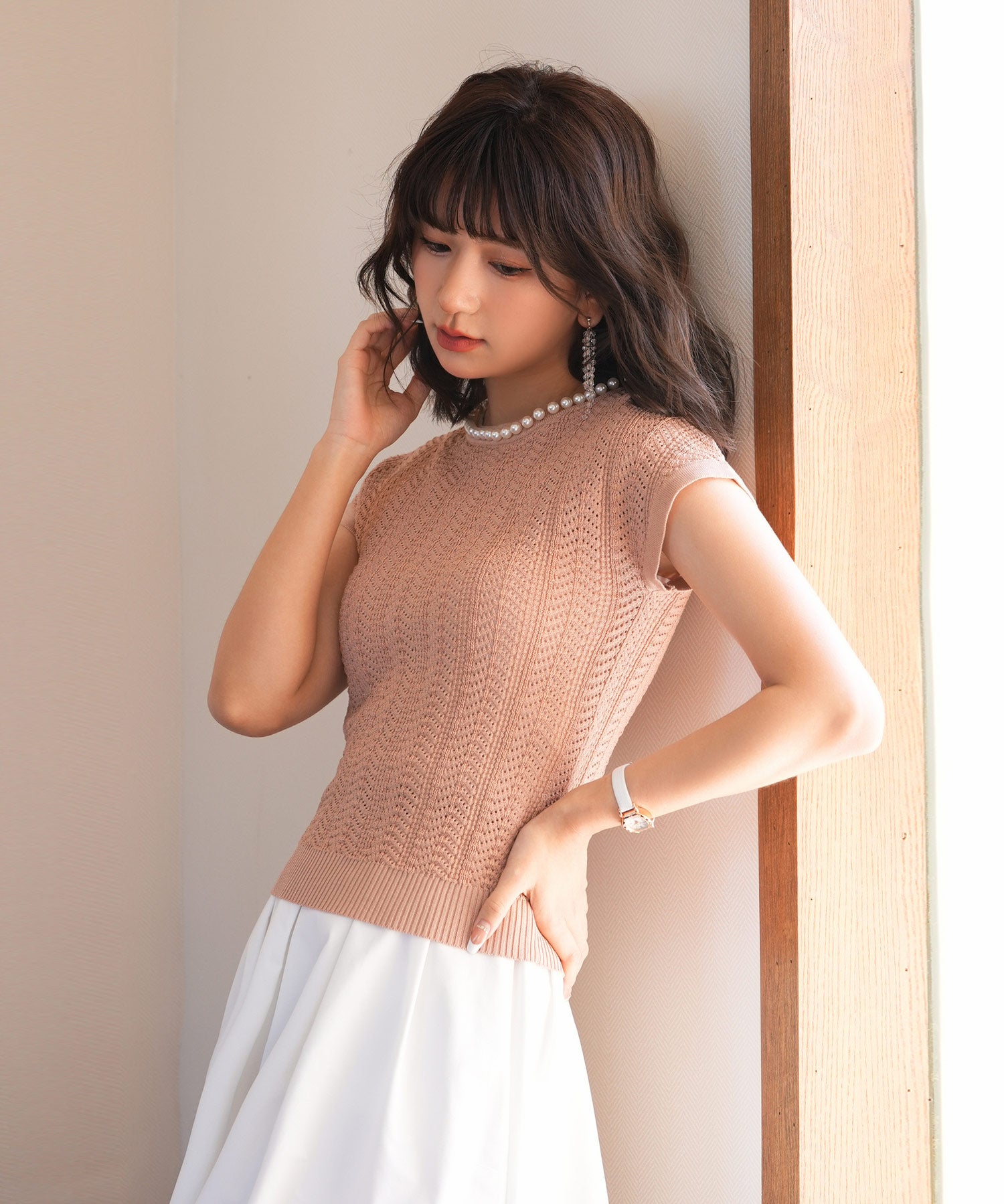 パール襟透かし変形編みサマーニットsdpxyf6171 ライトブラウン