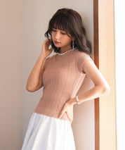 パール襟透かし変形編みサマーニットsdpxyf6171 ライトブラウン