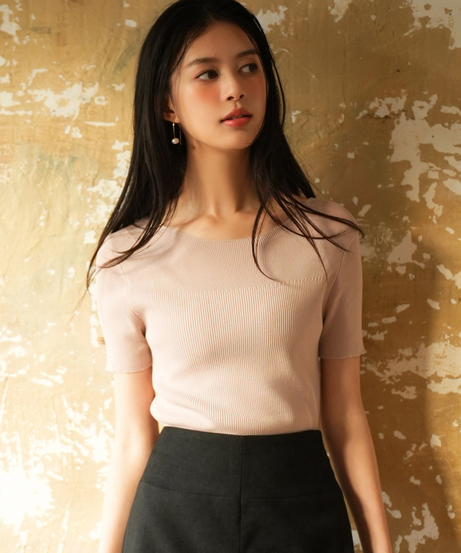 リラクシーなリブ編みサマー半袖ニットsdpxyf6173 ピンクベージュ