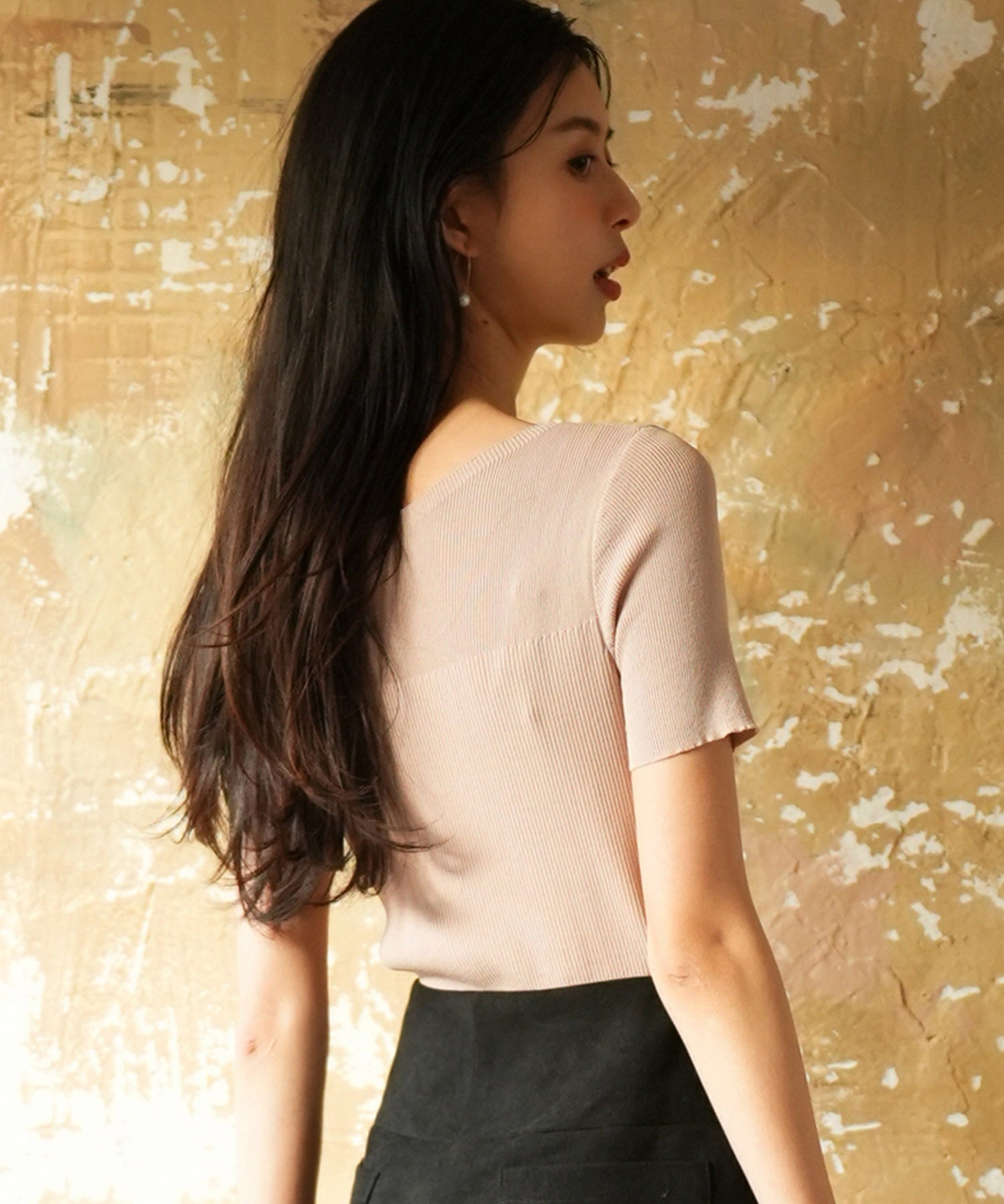 リラクシーなリブ編みサマー半袖ニットsdpxyf6173 ピンクベージュ