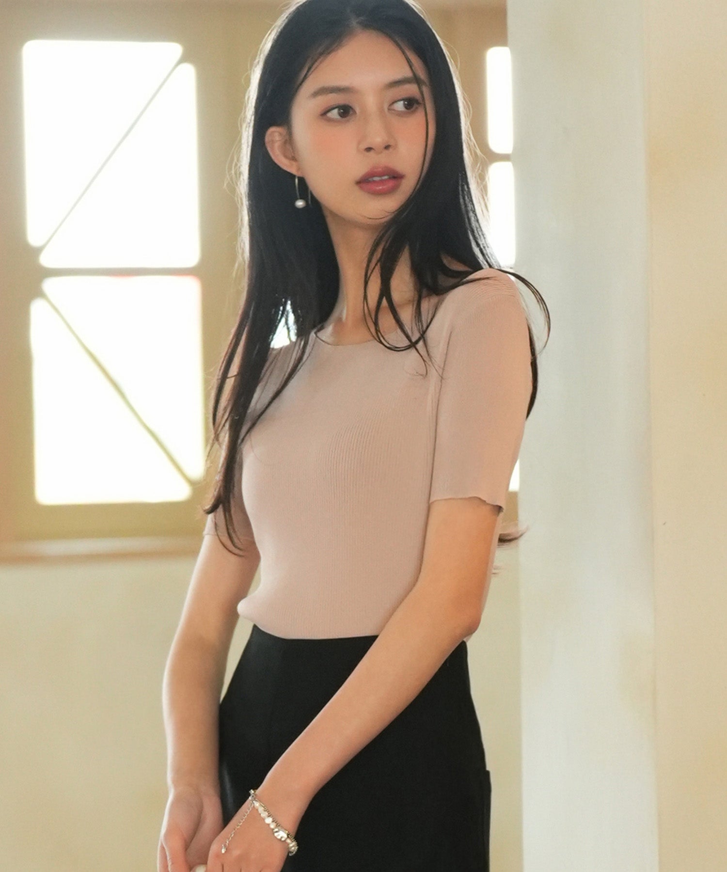 リラクシーなリブ編みサマー半袖ニットsdpxyf6173 ピンクベージュ