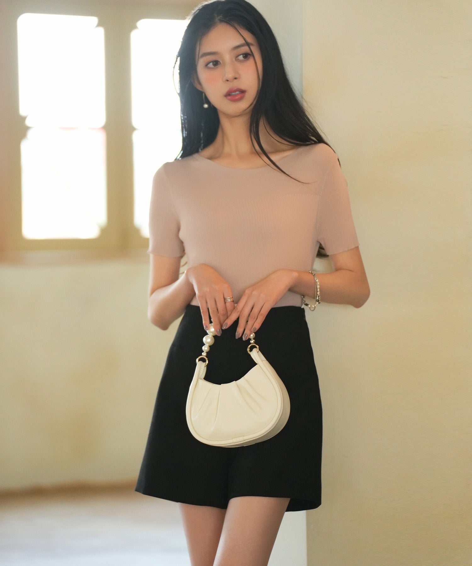 リラクシーなリブ編みサマー半袖ニットsdpxyf6173 ピンクベージュ