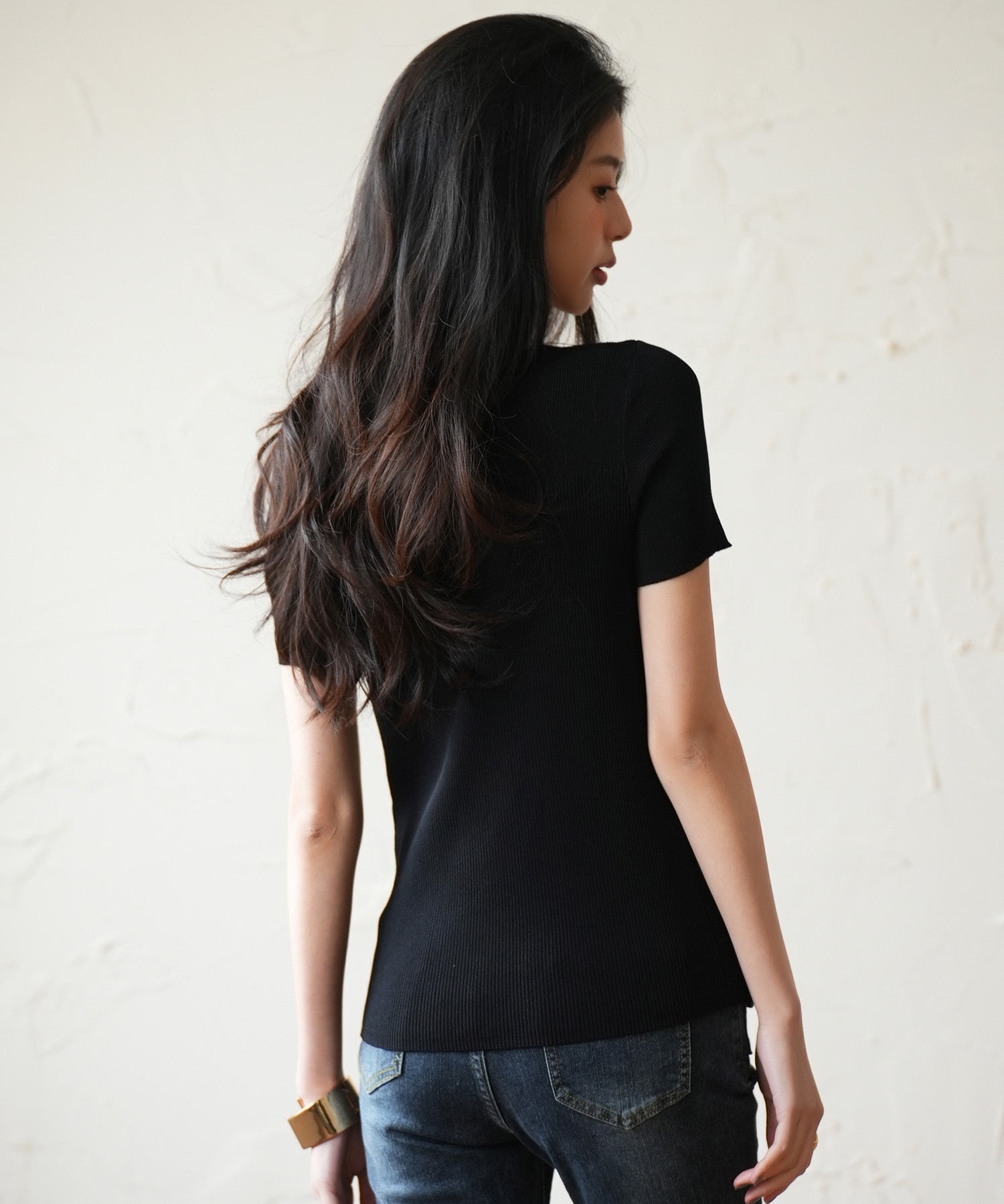 リラクシーなリブ編みサマー半袖ニットsdpxyf6173 ブラック