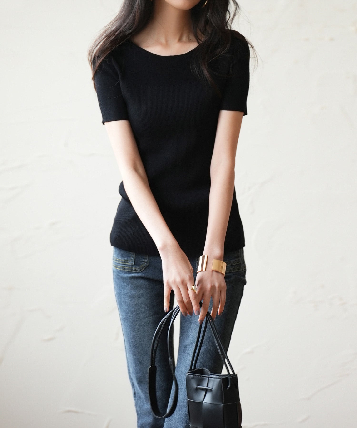 リラクシーなリブ編みサマー半袖ニットsdpxyf6173 ブラック