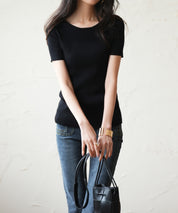 リラクシーなリブ編みサマー半袖ニットsdpxyf6173 ブラック