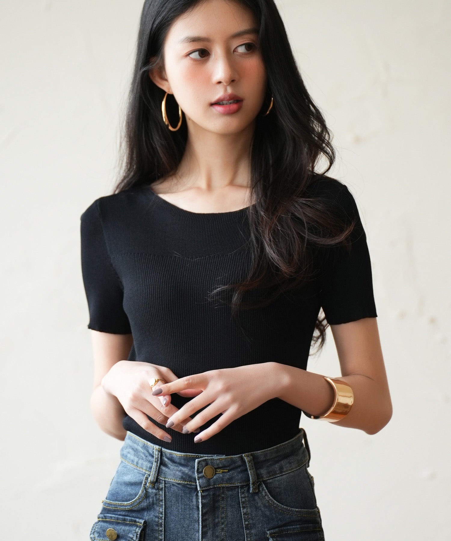 リラクシーなリブ編みサマー半袖ニットsdpxyf6173 ブラック