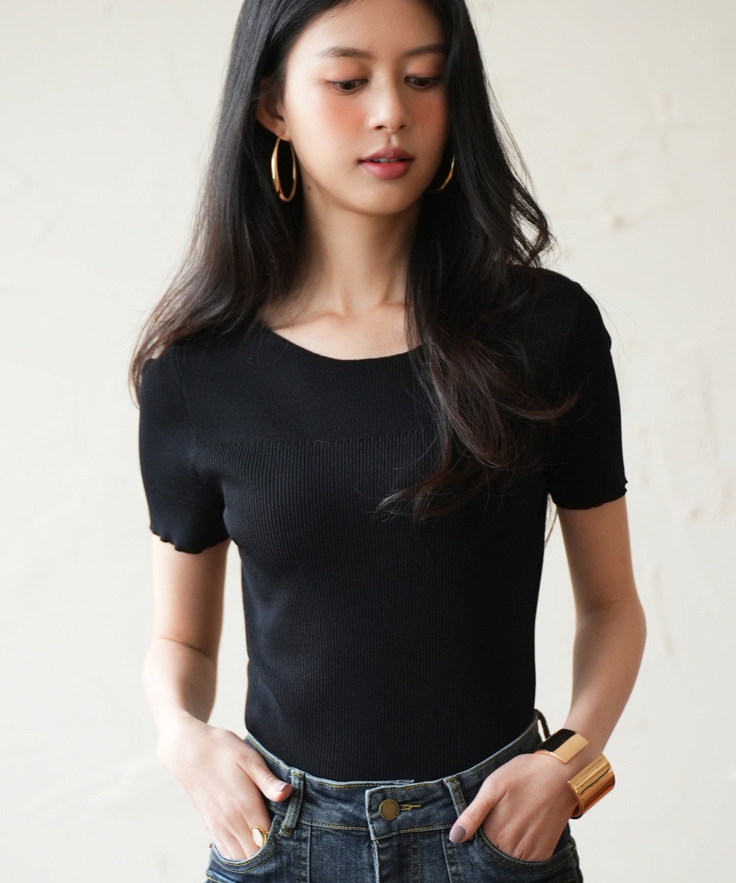 リラクシーなリブ編みサマー半袖ニットsdpxyf6173 ブラック