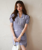 配色ミニ丈サマーニットワンピースsdpxyf6176 ブルー