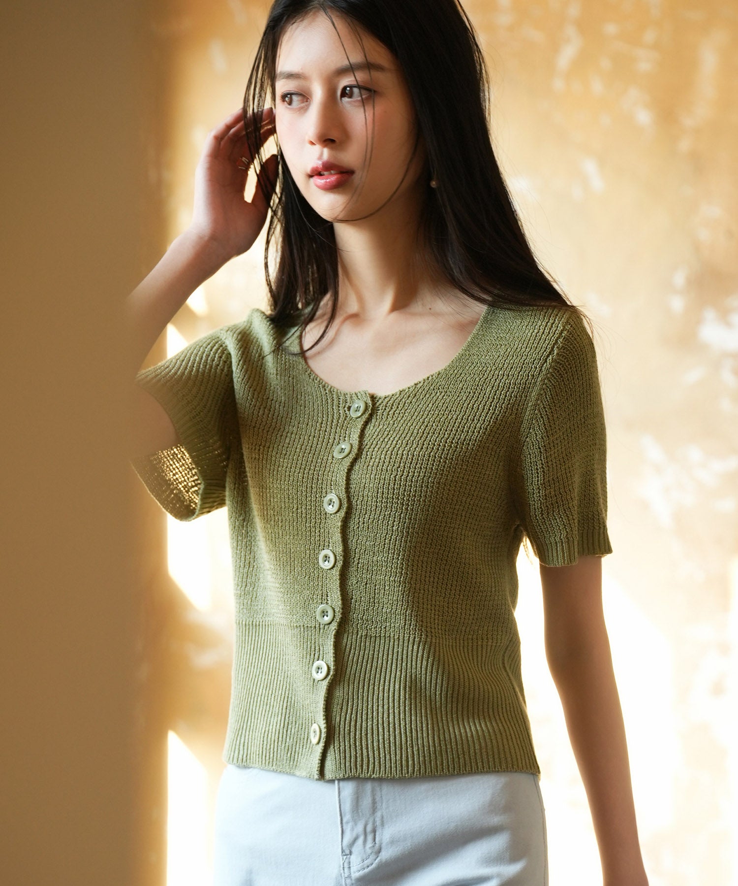 リブ切り替えショート丈半袖ニットsdpxyf6179 グリーン