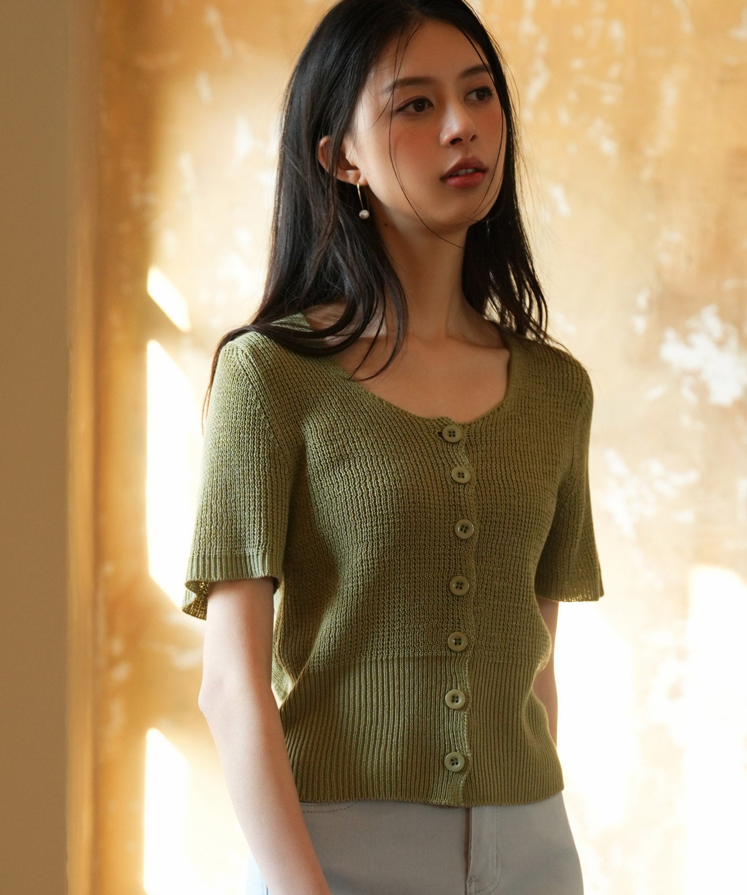 リブ切り替えショート丈半袖ニットsdpxyf6179 グリーン